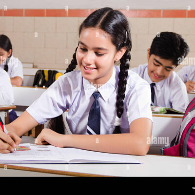 happy indian group school kids students study in class education learning k6p0yk
